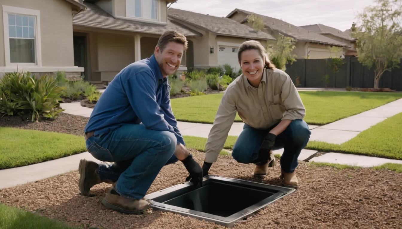 Friendly provider and homeowner reviewing a sewer camera inspection screen in a front yard in Concord